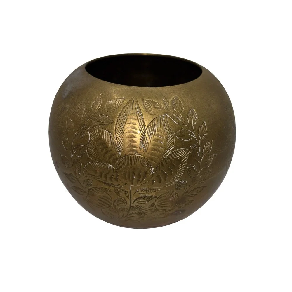 Vintage Etched Brass Planter Vase India Floral Candle Holder Decorative